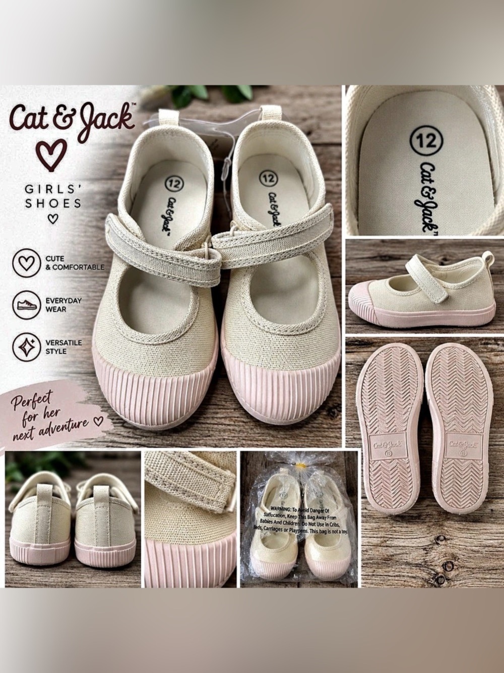 Cat & Jack Girls Sparkle Mary Jane Shoes – Cream – Size 12 – new